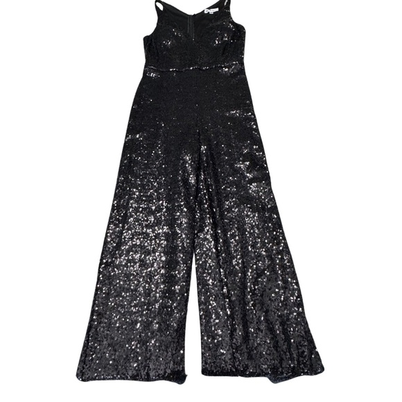 EMERALD SUNDAE V-Neck Sequined Jumpsuit Black Size 7 Sleeveless Wide Leg - Picture 2 of 7